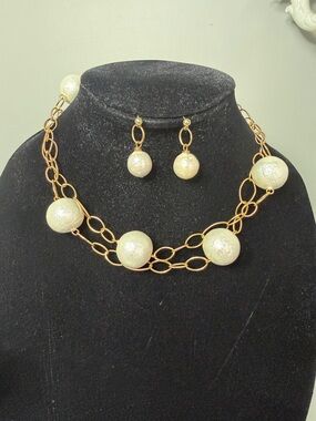 SUSAN SHAW Gold -Tone Pearl Ball Necklace (35”) and Earring Set